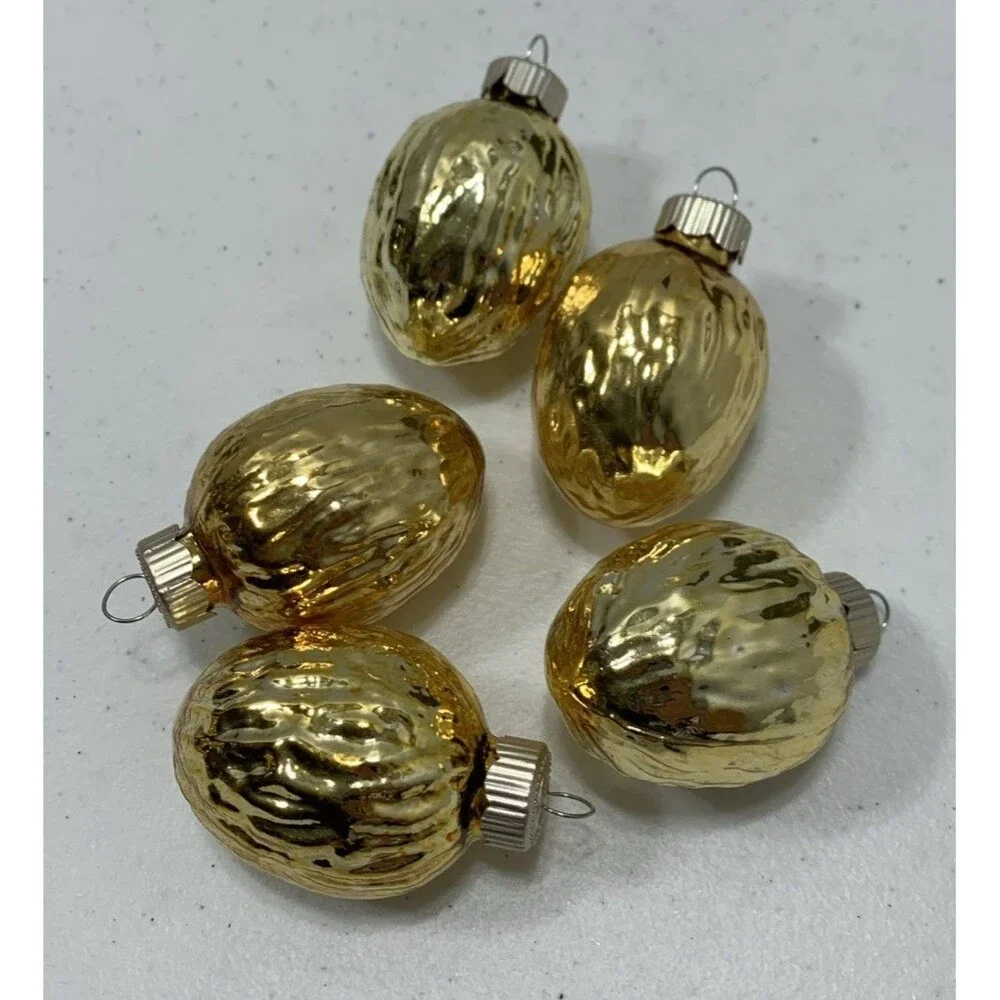 5 Vintage Glass Mini Gold WALNUT Christmas Ornament Mercury